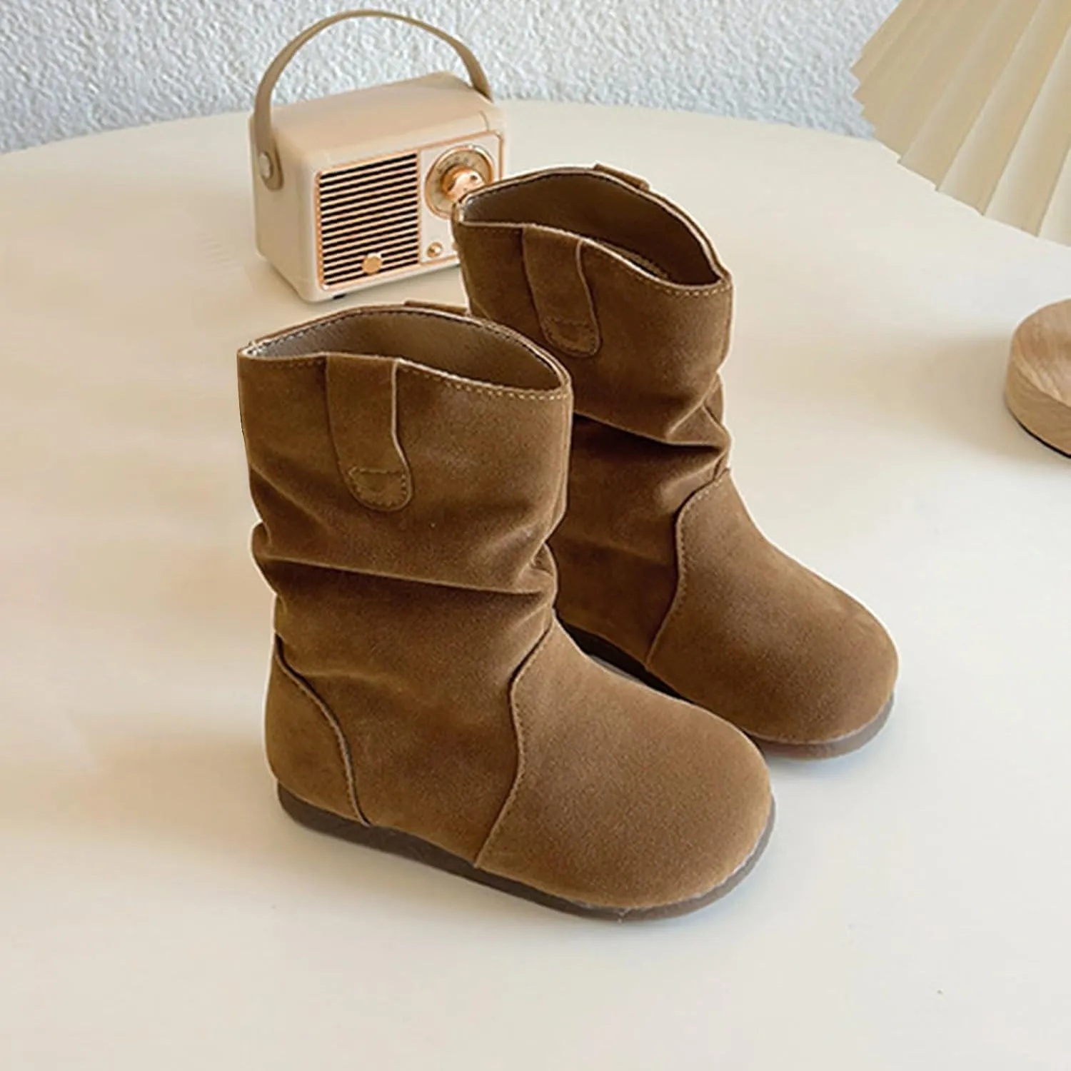 Girl's Kid's Faux Suede Two Buckle Flat Heel Mid Calf louchy Boot Shoes icro Suede Cozy Round Toe Low Heels Booties