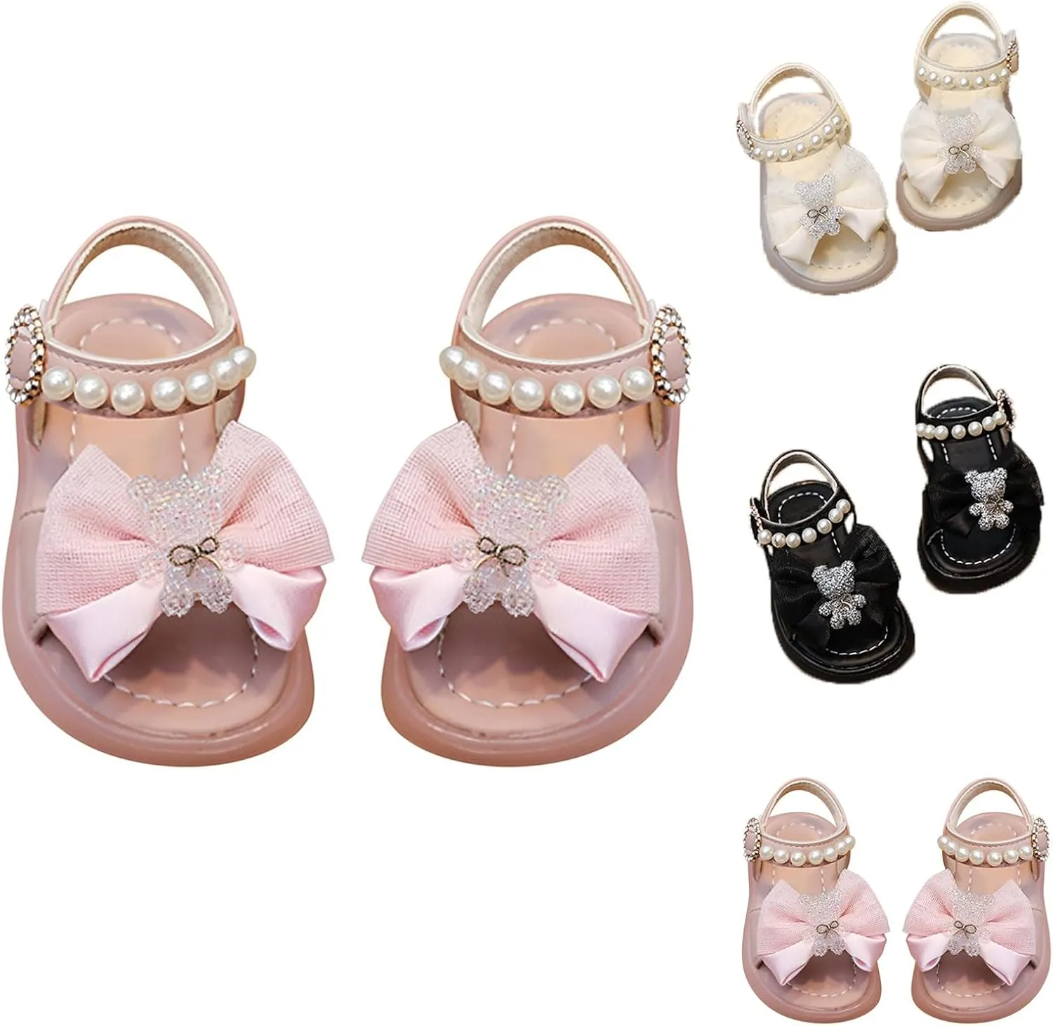 Girls Sandals Lightweight Open Toe Dress Shoes Soft Sole Summer Flat Sandals with Pearl Kids Princess Wedding Party