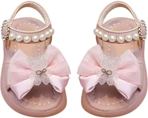 Girls Sandals Lightweight Open Toe Dress Shoes Soft Sole Summer Flat Sandals with Pearl Kids Princess Wedding Party