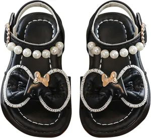 Girls Sandals Princess Strap Flat Sandals Open Toe Summer Bow Pearl Soft Sole Dress Shoes for Kids Wedding Party