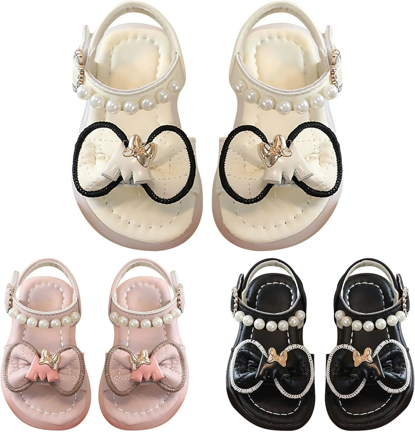 Girls Sandals Princess Strap Flat Sandals Open Toe Summer Bow Pearl Soft Sole Dress Shoes for Kids Wedding Party