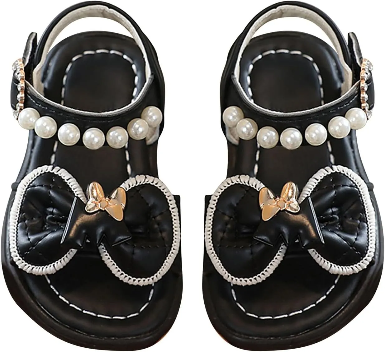Girls Sandals Princess Strap Flat Sandals Open Toe Summer Bow Pearl Soft Sole Dress Shoes for Kids Wedding Party