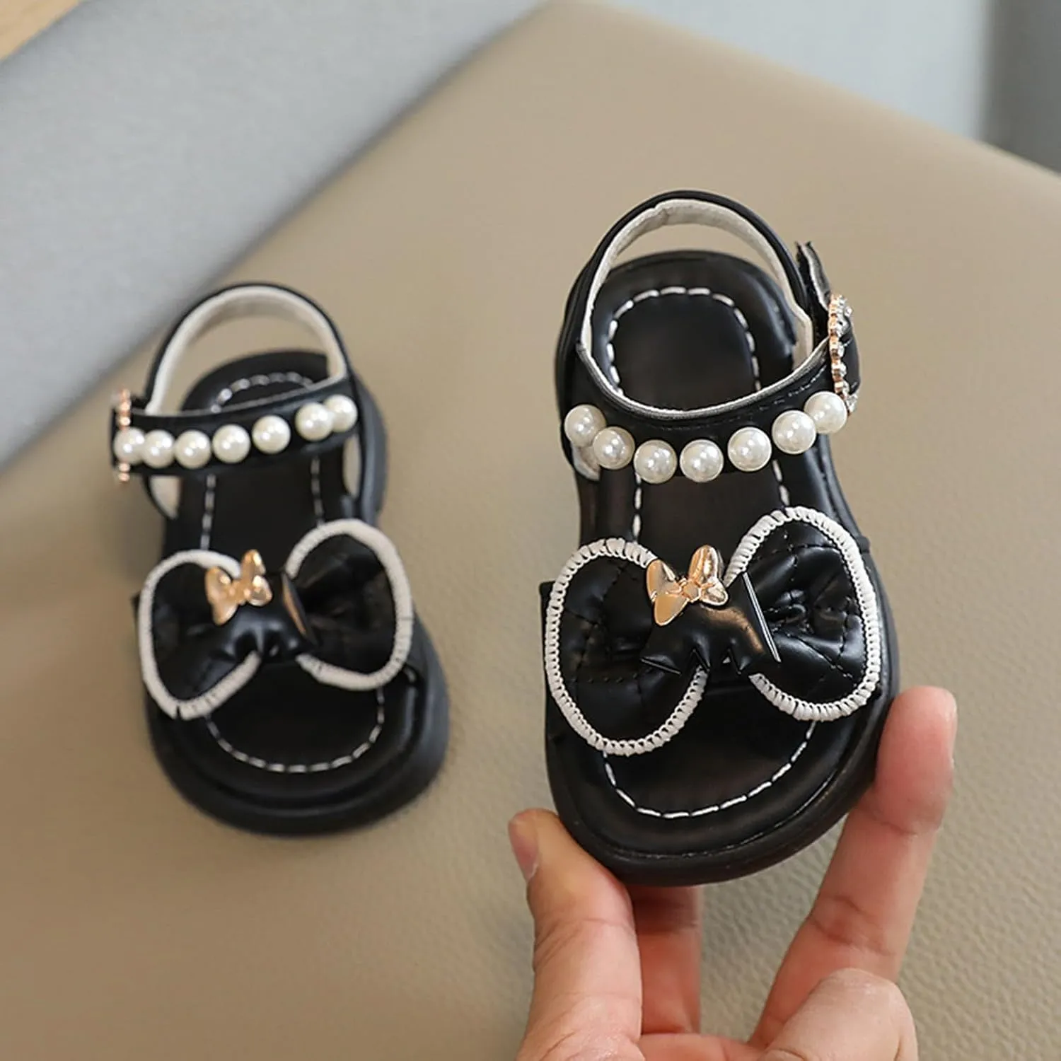 Girls Sandals Princess Strap Flat Sandals Open Toe Summer Bow Pearl Soft Sole Dress Shoes for Kids Wedding Party