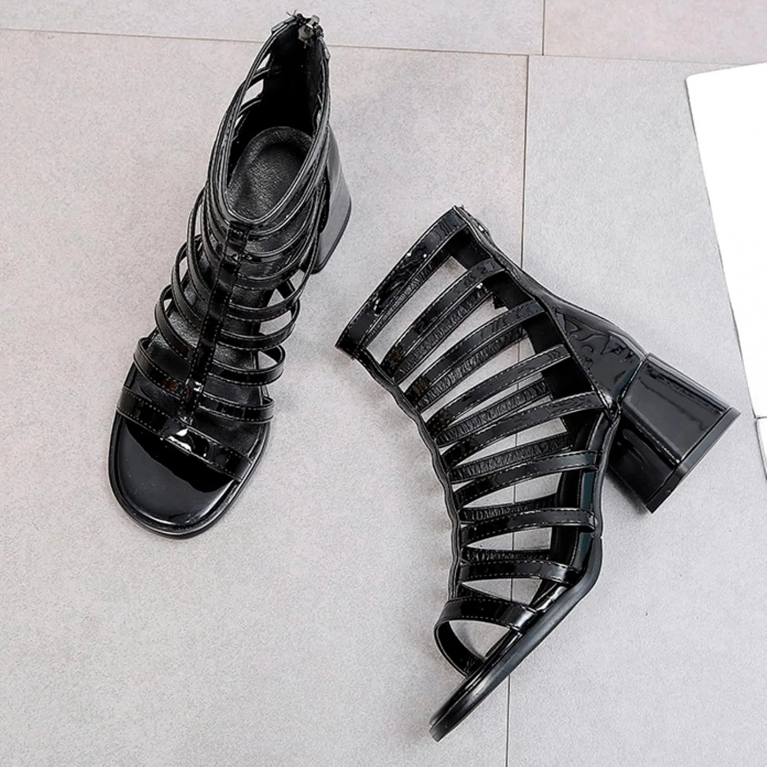 Hbeylia High Heels for Women Strappy Gladiator Sexy Peep Toe Hollow Out Stacked Thick Heels Open Toe Dressy Pumps Sandals with Back Zipper for Wedding Party Banquet