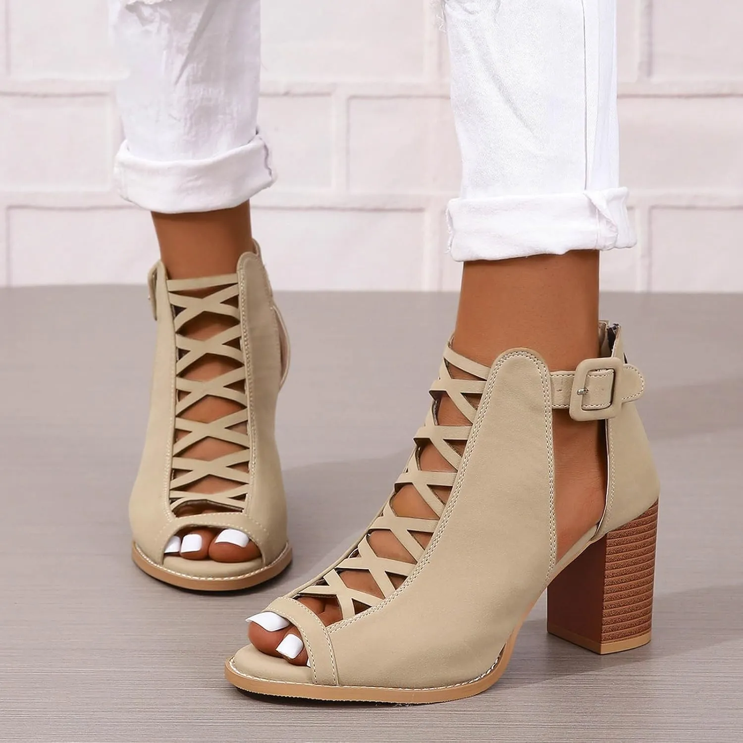 High Heels Pumps Women's Open Toe Booties with Block Heel and Side Comfortable and Stylish Cut Out Design Chunky Heel