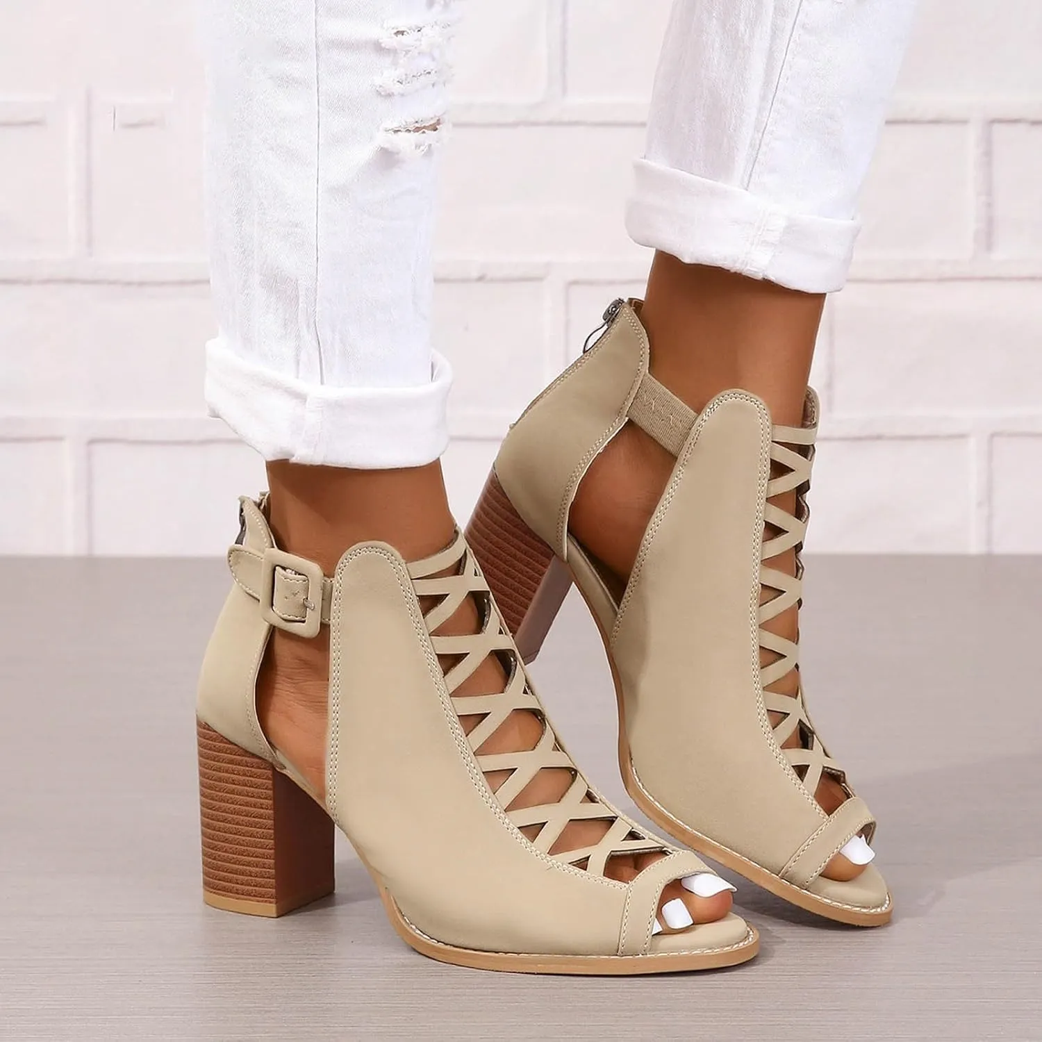High Heels Pumps Women's Open Toe Booties with Block Heel and Side Comfortable and Stylish Cut Out Design Chunky Heel