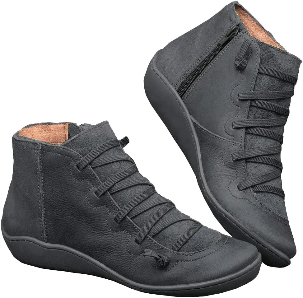 KINOW Arch Support Boots Women Leather Ankle Boots High Top Wedge Bootie Damping Shoes