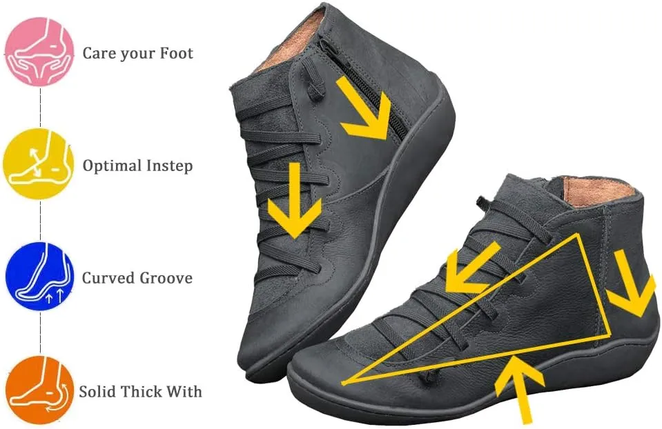 KINOW Arch Support Boots Women Leather Ankle Boots High Top Wedge Bootie Damping Shoes