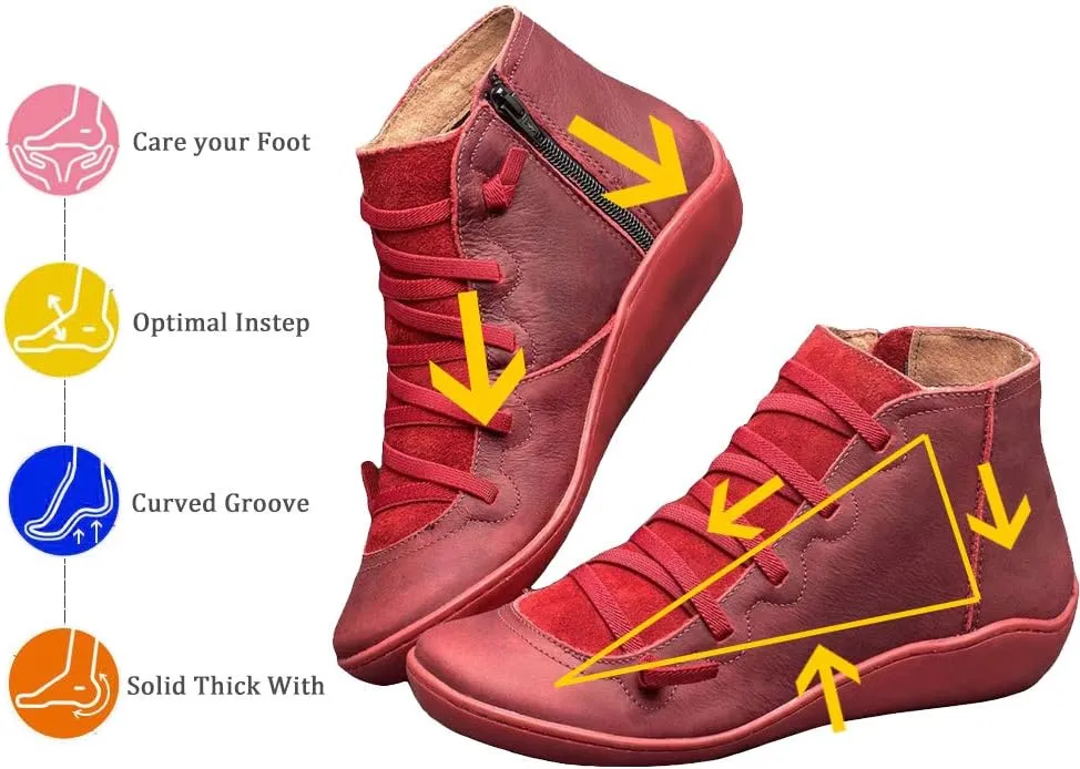 KINOW Arch Support Boots Women Leather Ankle Boots High Top Wedge Bootie Damping Shoes