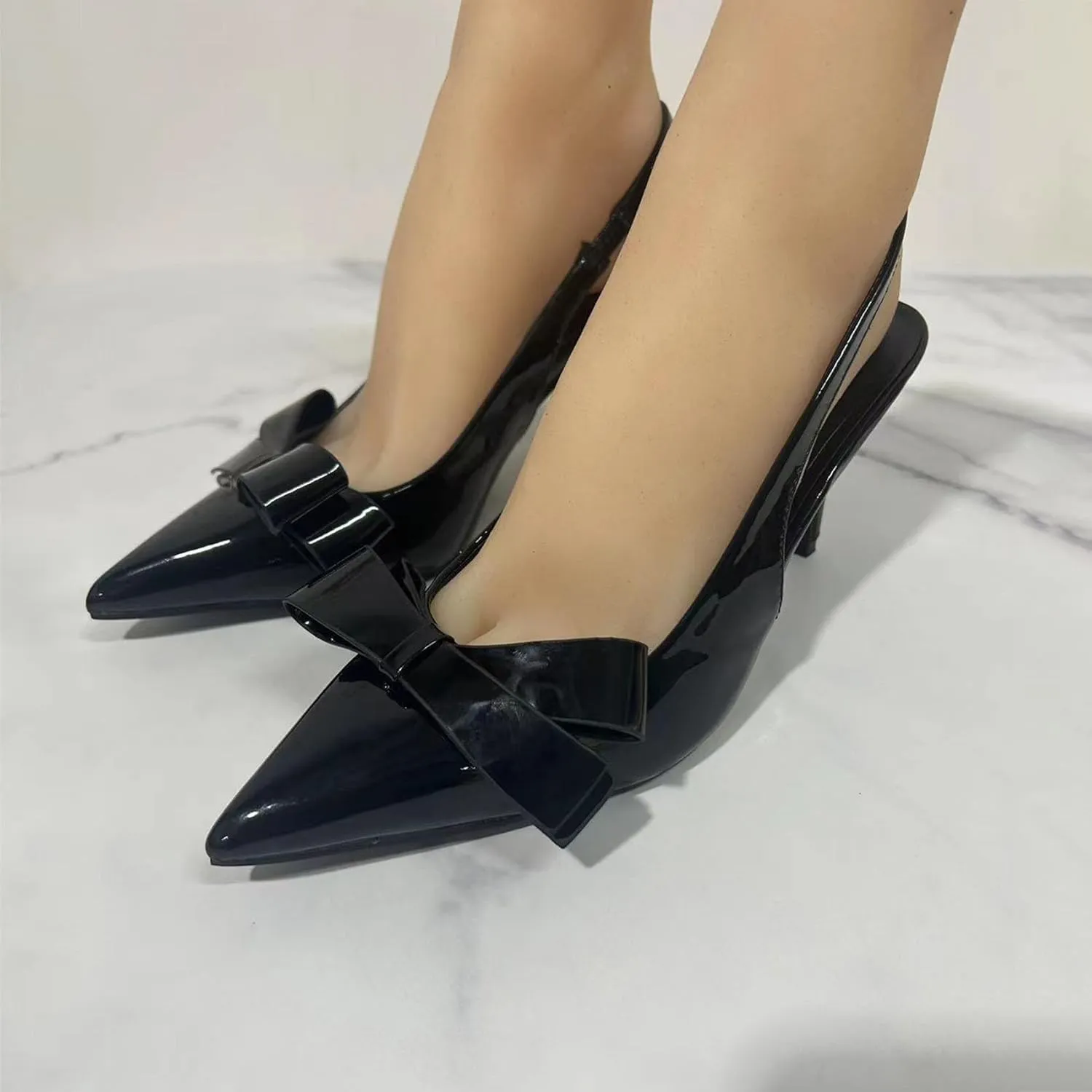 KOKOMOMO Womens Pointed Toe Slingback Heels Patent Leather Pumps Bow Heels