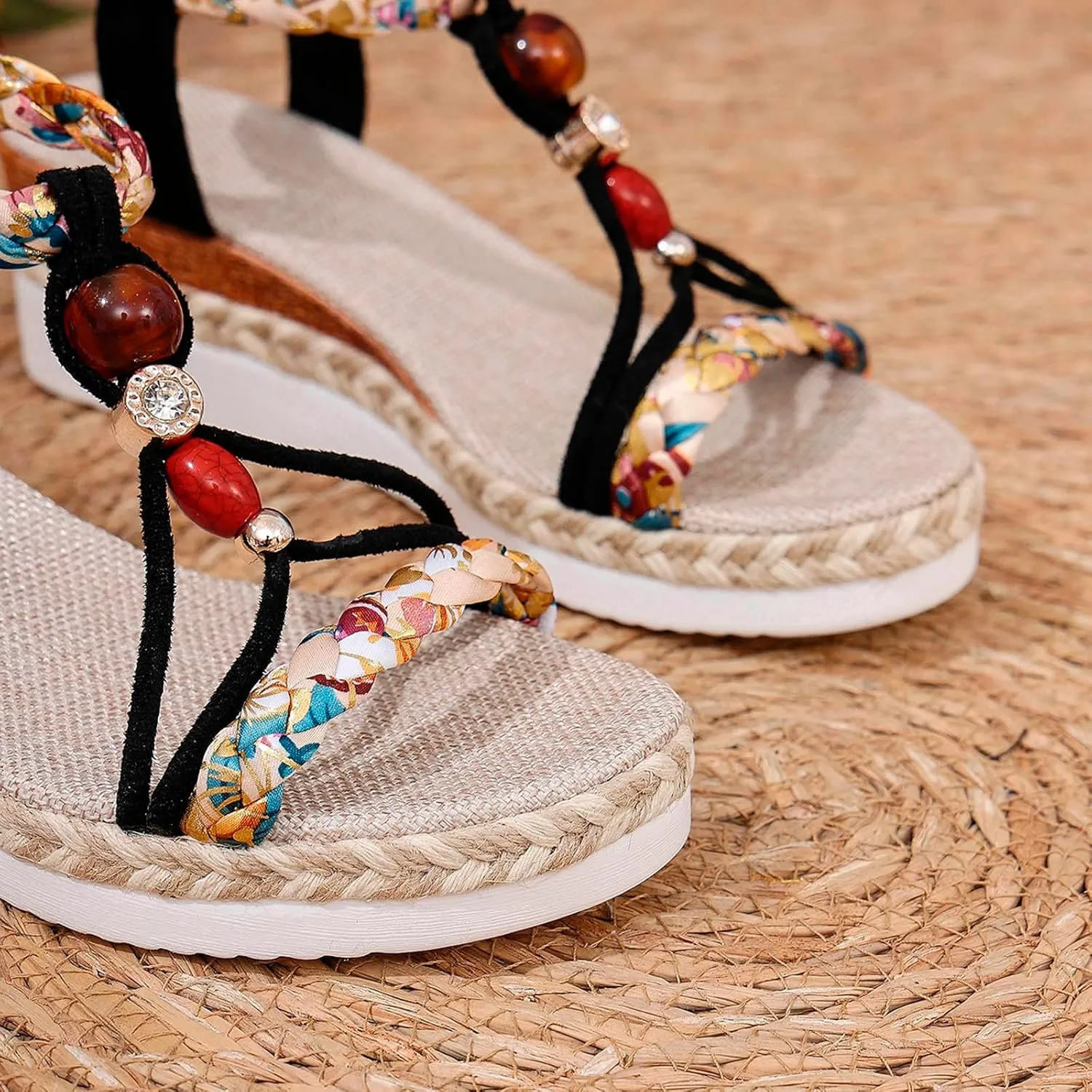 Ladies Weave Round Toe Elastic Band Summer Slope Heel Thick Soled Wedges Sandals Tooled Leather Sandals for Women