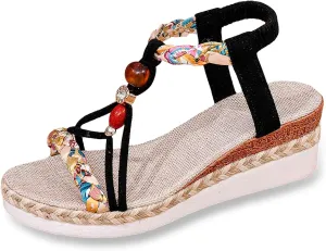 Ladies Weave Round Toe Elastic Band Summer Slope Heel Thick Soled Wedges Sandals Tooled Leather Sandals for Women