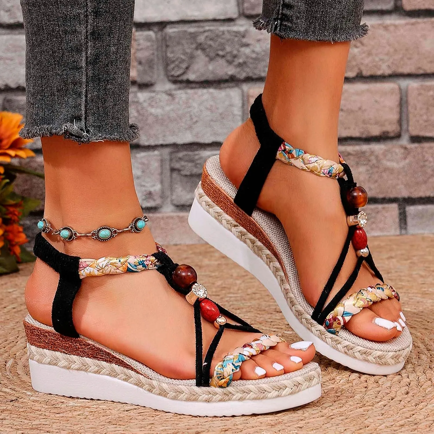 Ladies Weave Round Toe Elastic Band Summer Slope Heel Thick Soled Wedges Sandals Tooled Leather Sandals for Women