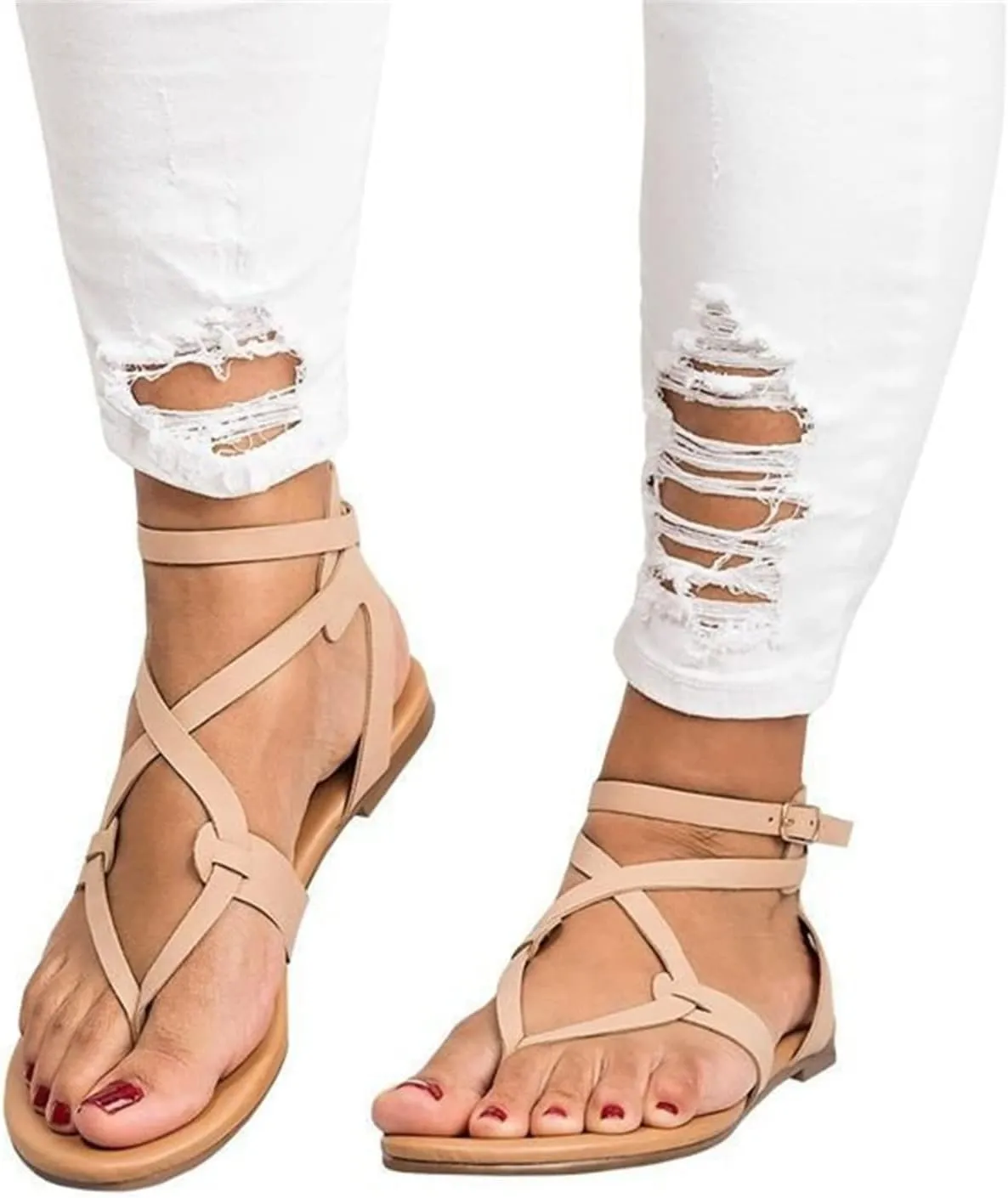 Lausiuoe Sandals Women Comfortable Beach Cute Open Toes Ankle Strap Dressy Summer Strappy Flat Sandals Thong Flip Flops