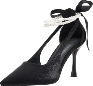 LizFoYa Women Satin Wedding High Heels Pointed Toe Bridal Pumps Heels Pearls Decorated Ribbon Sexy Heels