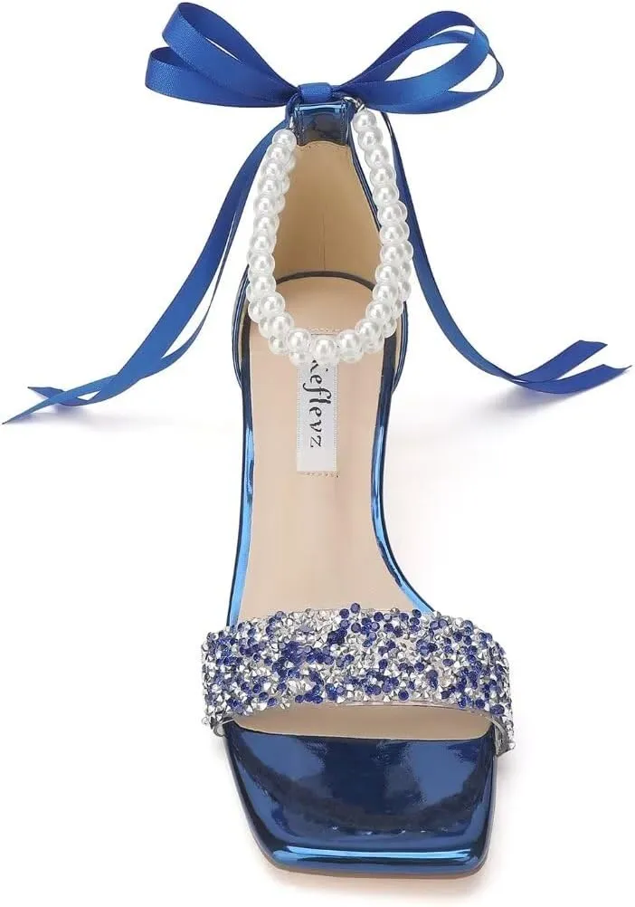 Low Block Heel Wedding Shoes for Bride Clear Heel Sandals Sequin Bridal Shoes Pearl Heels