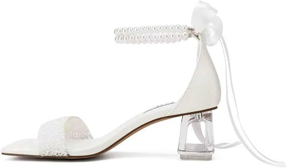 Low Block Heel Wedding Shoes for Bride Clear Heel Sandals Sequin Bridal Shoes Pearl Heels