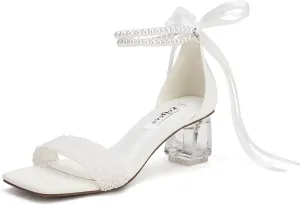 Low Block Heel Wedding Shoes for Bride Clear Heel Sandals Sequin Bridal Shoes Pearl Heels