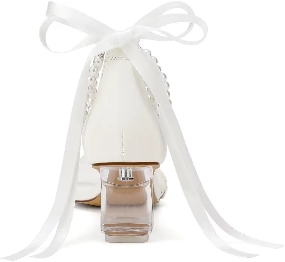 Low Block Heel Wedding Shoes for Bride Clear Heel Sandals Sequin Bridal Shoes Pearl Heels