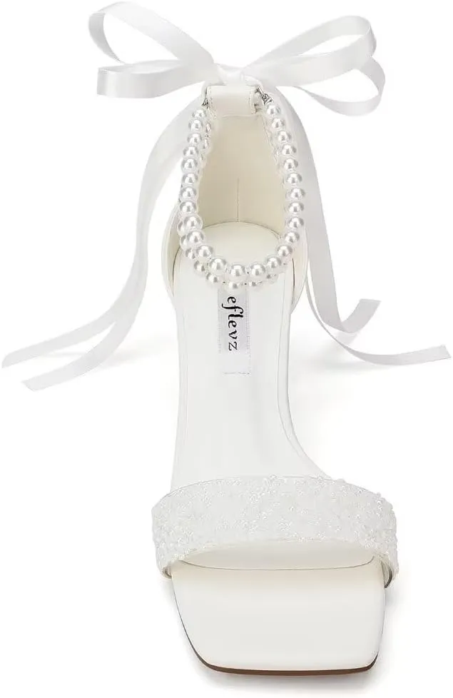 Low Block Heel Wedding Shoes for Bride Clear Heel Sandals Sequin Bridal Shoes Pearl Heels
