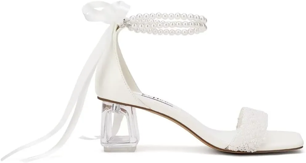 Low Block Heel Wedding Shoes for Bride Clear Heel Sandals Sequin Bridal Shoes Pearl Heels