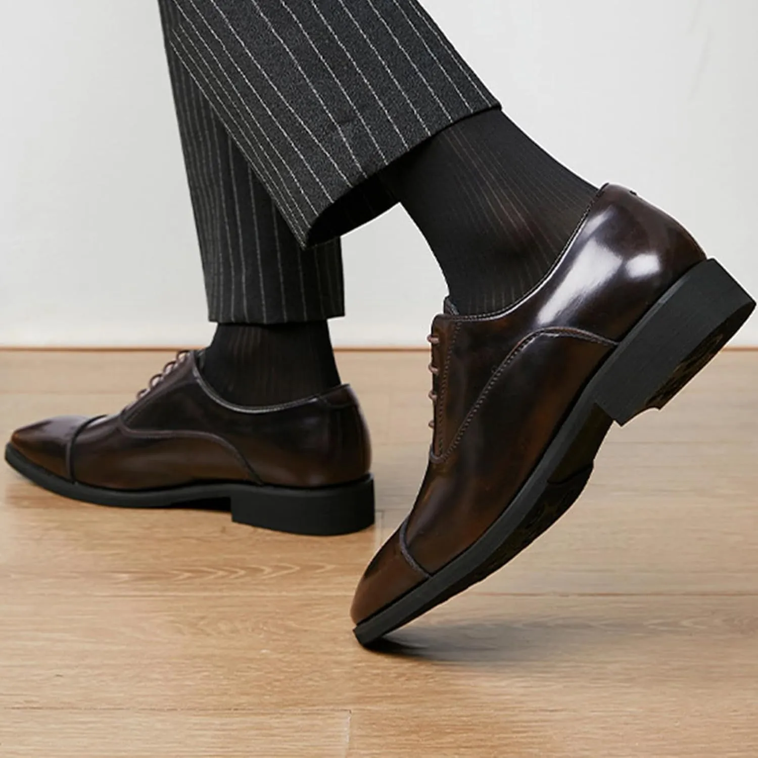 Mens Classic Formal Oxford Shoes, Italian Luxury Leather Tuxedo Wedding Business Dress Shoes Round Toe Block Heel Elegant Slip On Formal