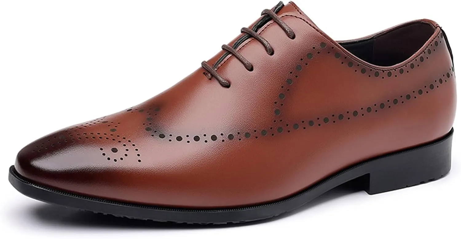 Men's Leather Brogues Formal Business Oxford Shoes, Classic Lace up Pointed Toe Formal Business Wedding Tuxedo Derby Shoes
