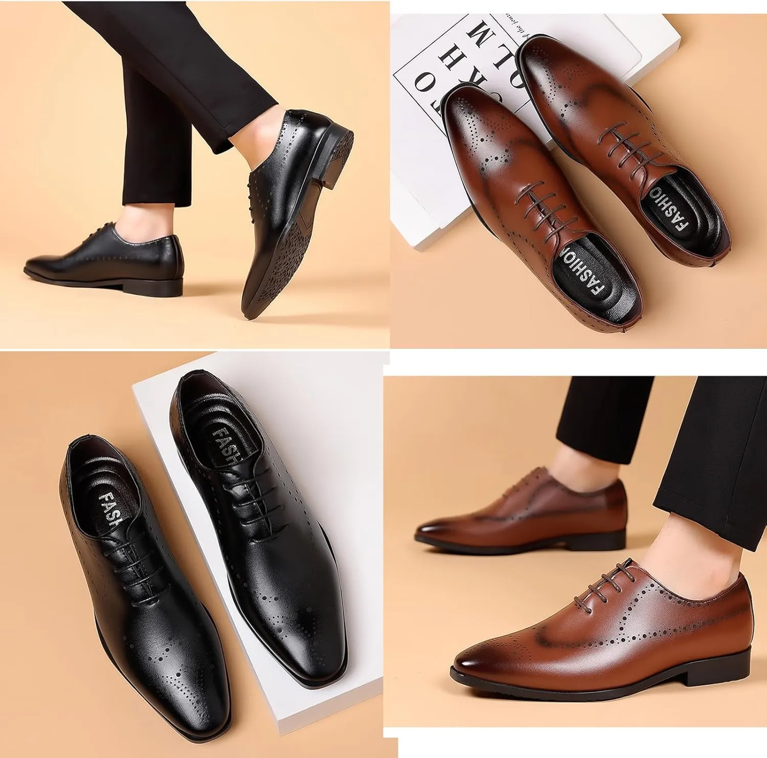 Men's Leather Brogues Formal Business Oxford Shoes, Classic Lace up Pointed Toe Formal Business Wedding Tuxedo Derby Shoes