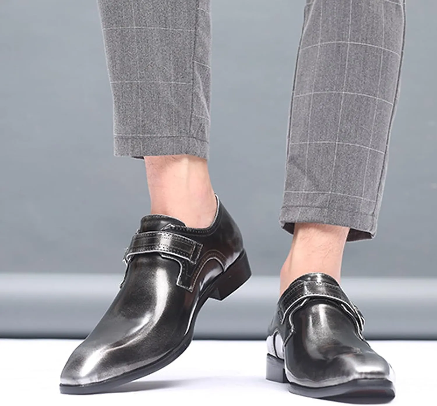 Men's Leather Rubbed Color Chunky Heel Formal Loafers Retro Pointed Metal Monk Buckle Non-Slip One-Step Business Wedding Formal Shoes