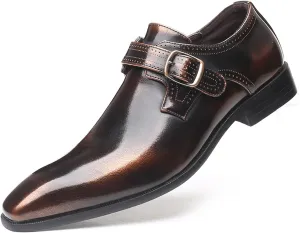 Men's Leather Rubbed Color Chunky Heel Formal Loafers Retro Pointed Metal Monk Buckle Non-Slip One-Step Business Wedding Formal Shoes