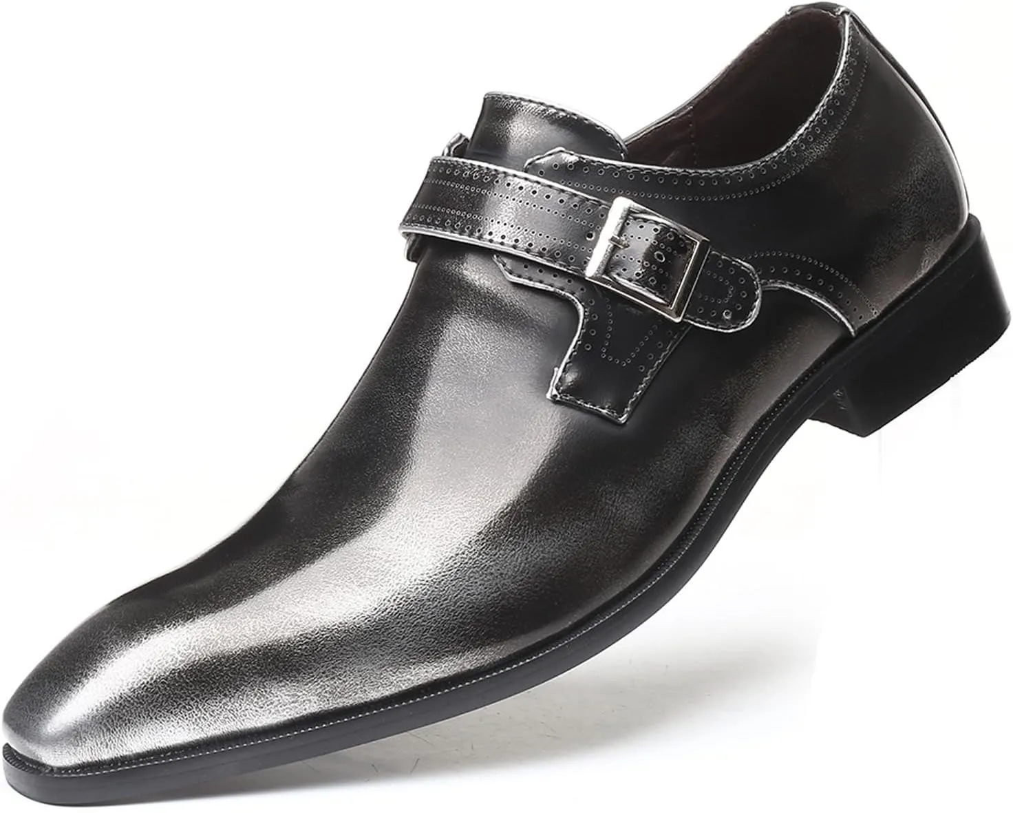 Men's Leather Rubbed Color Chunky Heel Formal Loafers Retro Pointed Metal Monk Buckle Non-Slip One-Step Business Wedding Formal Shoes