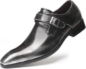 Men's Leather Rubbed Color Chunky Heel Formal Loafers Retro Pointed Metal Monk Buckle Non-Slip One-Step Business Wedding Formal Shoes