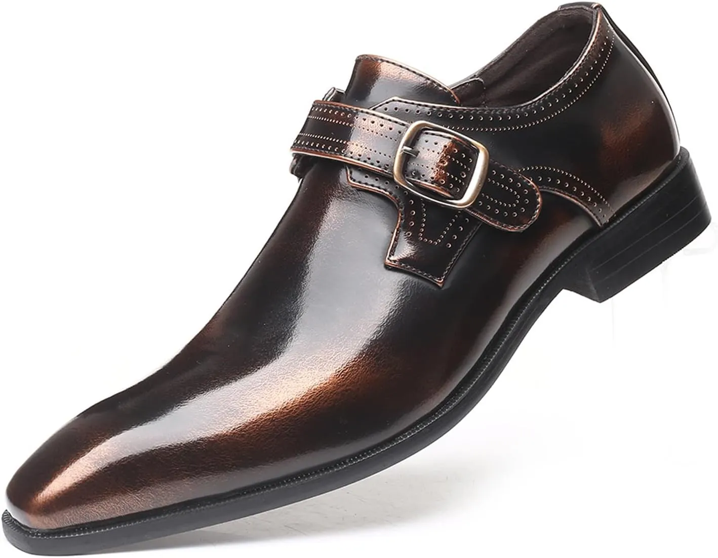 Men's Leather Rubbed Color Chunky Heel Formal Loafers Retro Pointed Metal Monk Buckle Non-Slip One-Step Business Wedding Formal Shoes