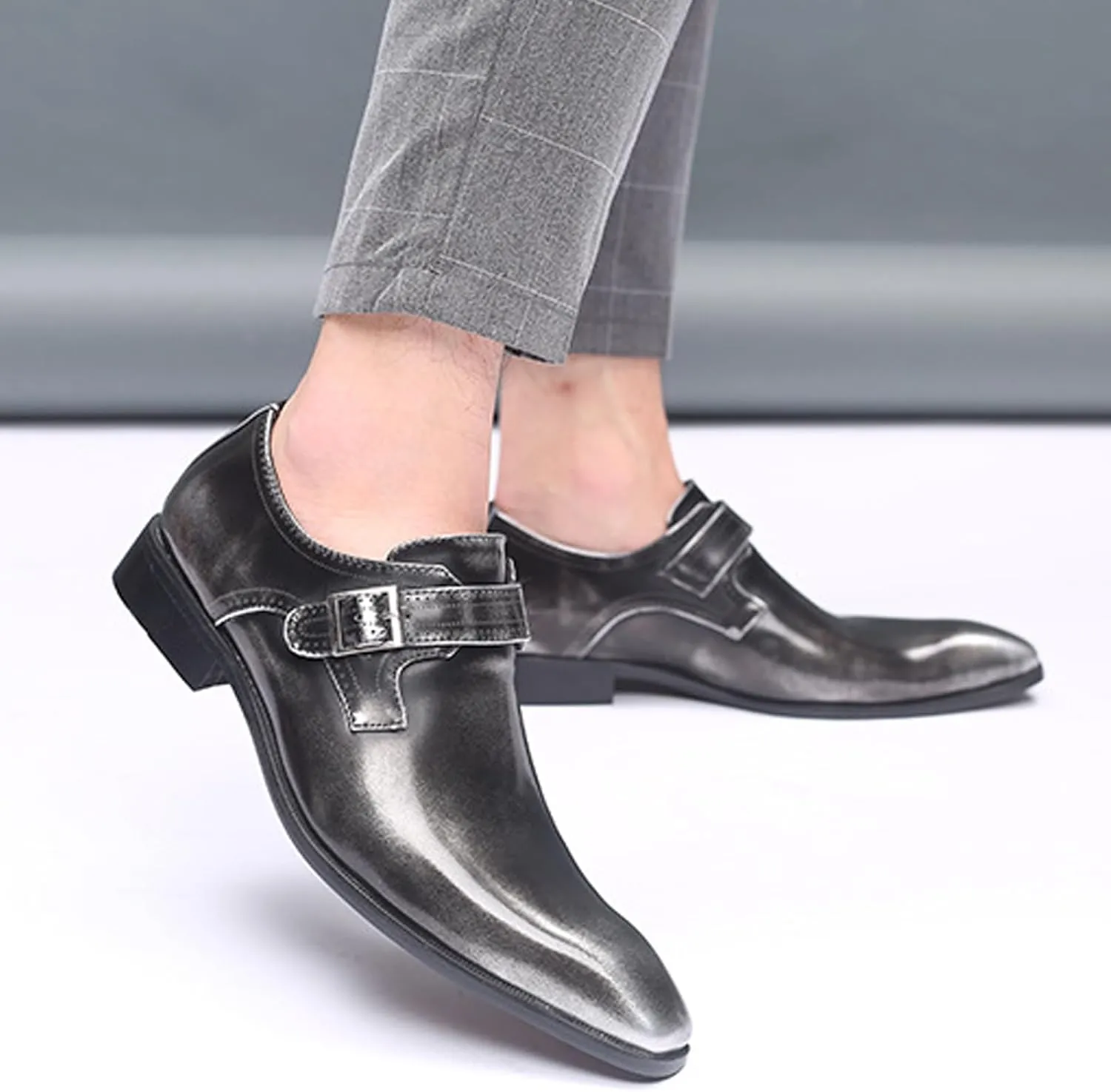 Men's Leather Rubbed Color Chunky Heel Formal Loafers Retro Pointed Metal Monk Buckle Non-Slip One-Step Business Wedding Formal Shoes