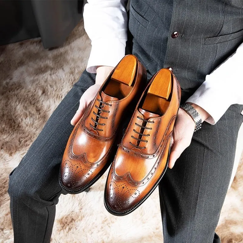 Men's Leather Shoes Dress Wedding Shoes Business Formal Lace-Up Square Toe Shoes Comfortable Breathable Rubber Sole Brogue Design Polished Finish