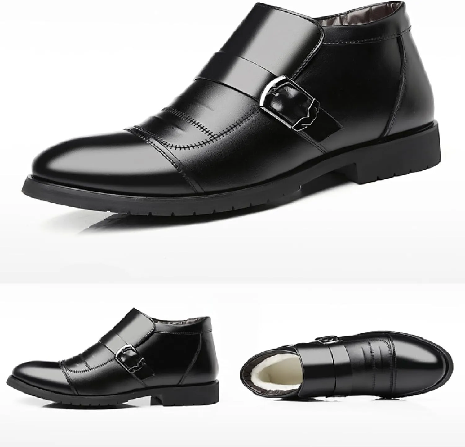 Men'S Monk Strap Formal Warm Loafers Comfortable Pointed Toe Fur Lining Slip On Business Oxfords Winter Office Wedding Formal Cotton Shoes