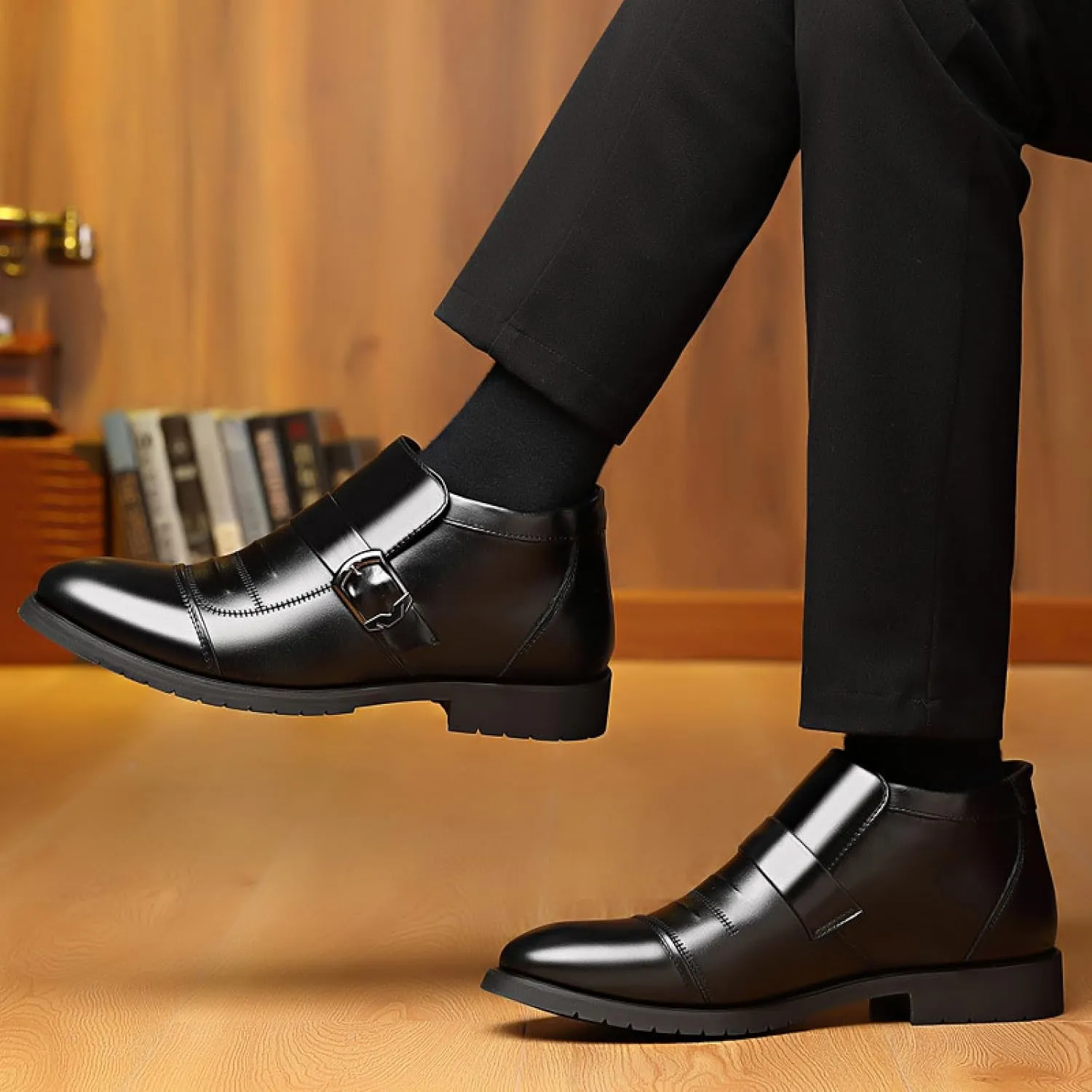 Men'S Monk Strap Formal Warm Loafers Comfortable Pointed Toe Fur Lining Slip On Business Oxfords Winter Office Wedding Formal Cotton Shoes