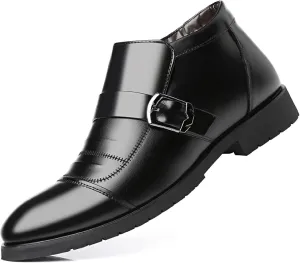 Men'S Monk Strap Formal Warm Loafers Comfortable Pointed Toe Fur Lining Slip On Business Oxfords Winter Office Wedding Formal Cotton Shoes