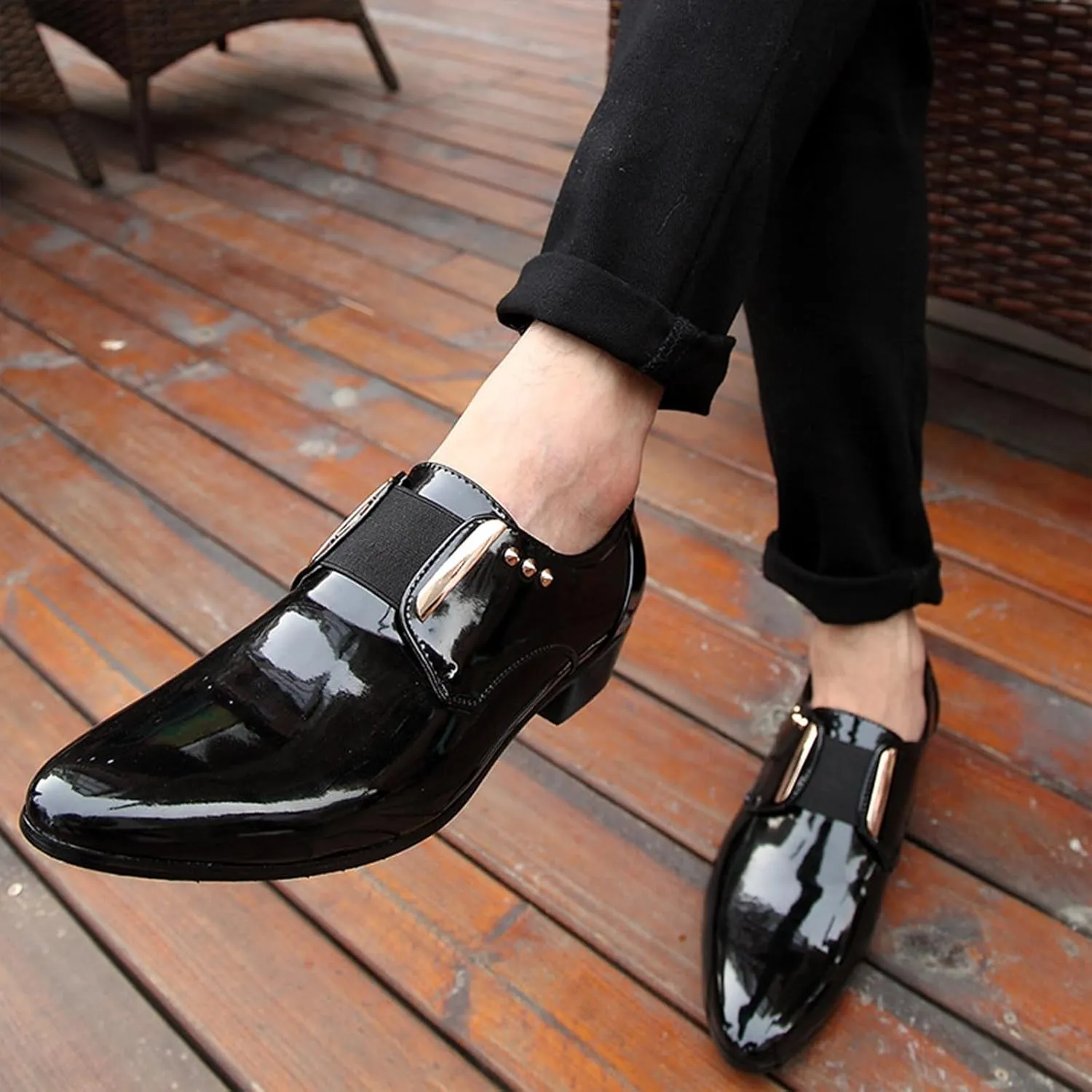 Men's Patent Leather Elastic Band Low Top Dress Business Loafers Fashion Pointed Toe Low Heeled Slip-On Formal Tuxedo Derby Shoes Classic Modern Formal Leather Shoes