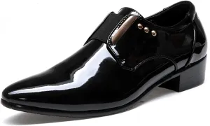 Men's Patent Leather Elastic Band Low Top Dress Business Loafers Fashion Pointed Toe Low Heeled Slip-On Formal Tuxedo Derby Shoes Classic Modern Formal Leather Shoes
