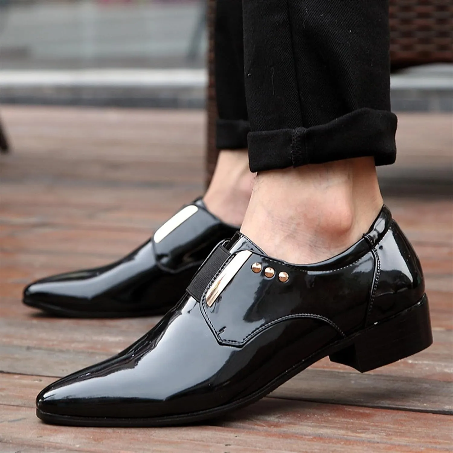 Men's Patent Leather Elastic Band Low Top Dress Business Loafers Fashion Pointed Toe Low Heeled Slip-On Formal Tuxedo Derby Shoes Classic Modern Formal Leather Shoes