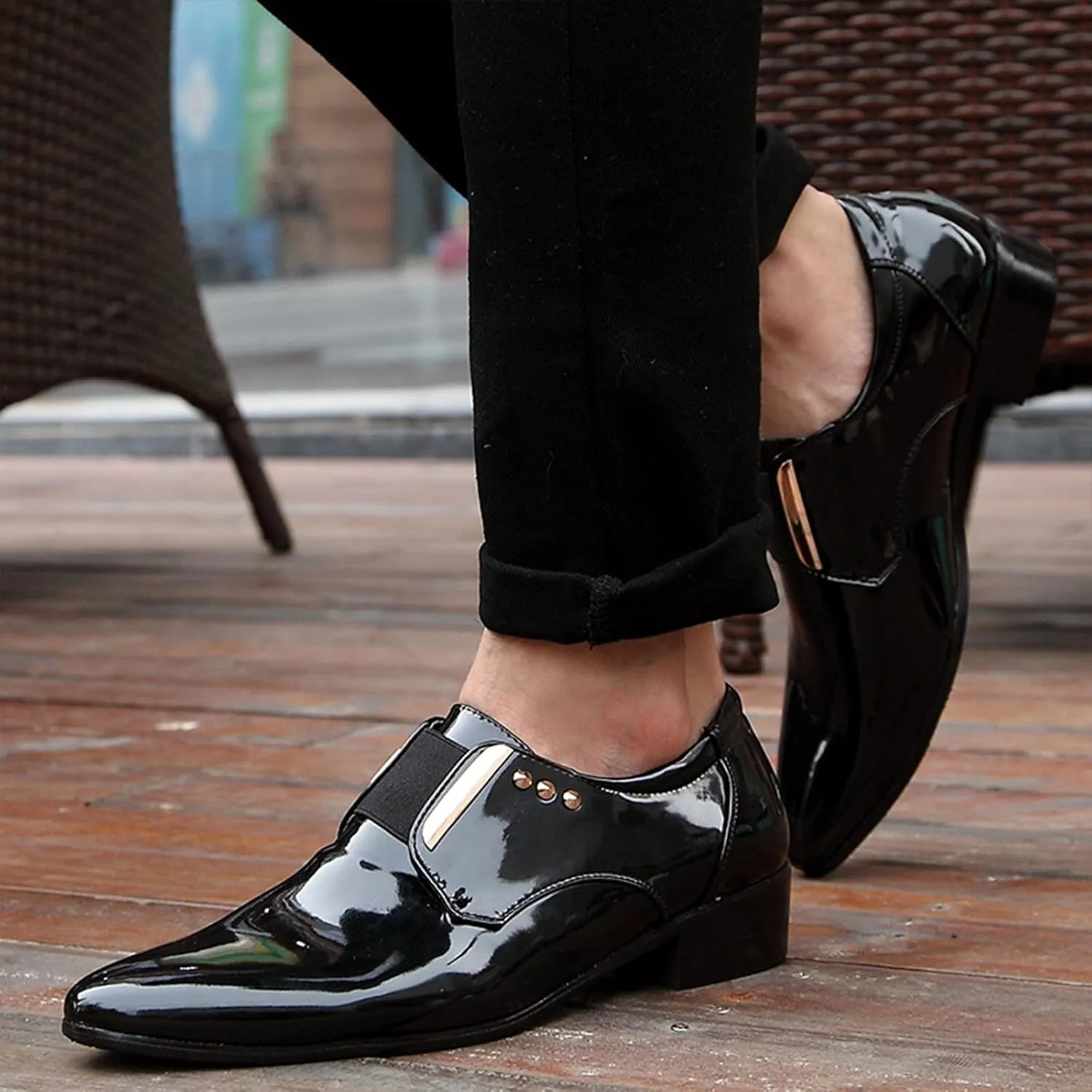 Men's Patent Leather Elastic Band Low Top Dress Business Loafers Fashion Pointed Toe Low Heeled Slip-On Formal Tuxedo Derby Shoes Classic Modern Formal Leather Shoes
