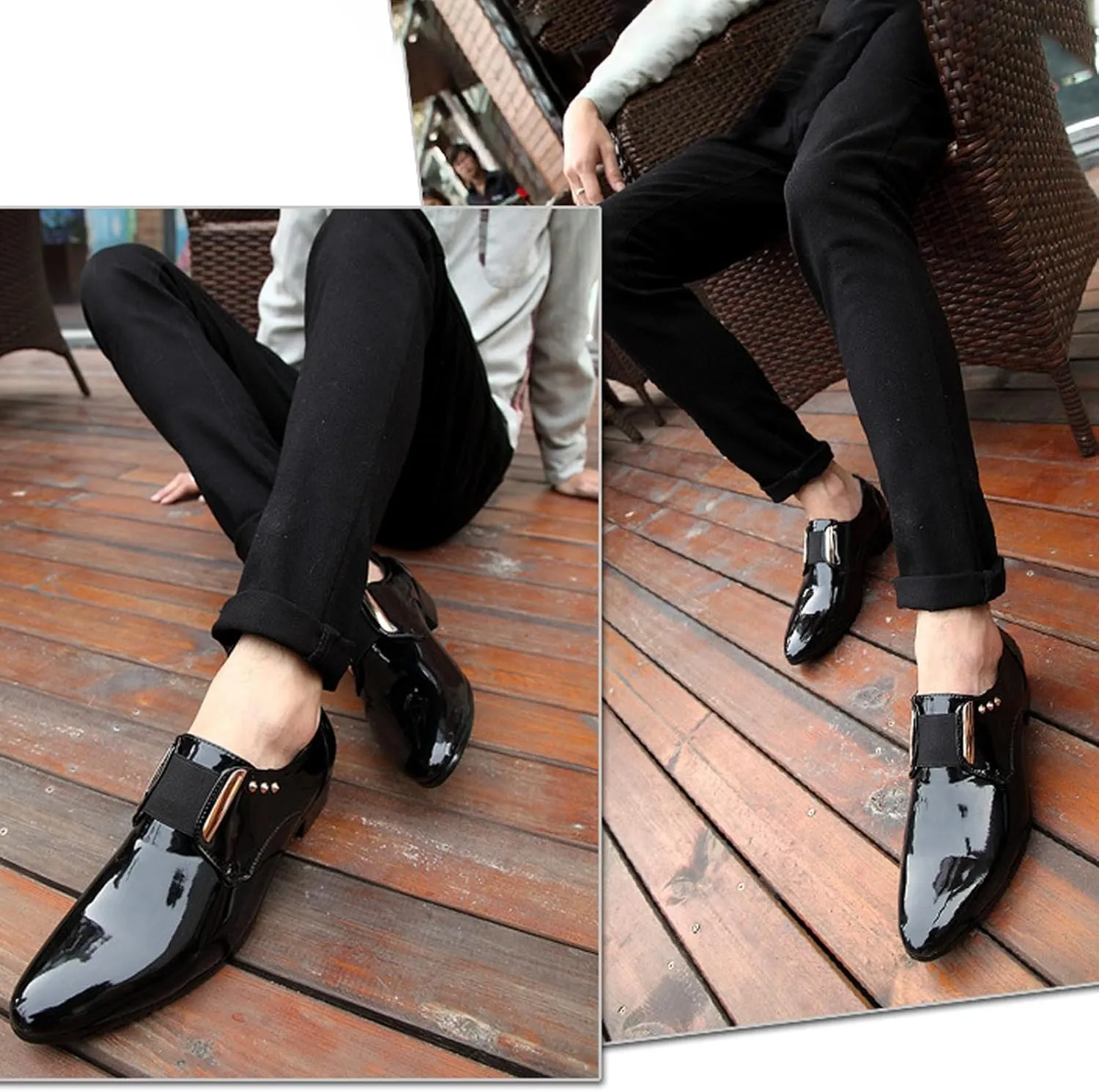 Men's Patent Leather Elastic Band Low Top Dress Business Loafers Fashion Pointed Toe Low Heeled Slip-On Formal Tuxedo Derby Shoes Classic Modern Formal Leather Shoes