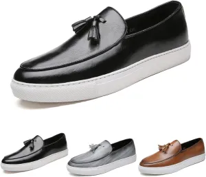 Men's Polished Leather Slip-On Casual Loafers with Tassel Fashion Round Toe Comfort Non-Slip Thick Sole Business Dress Flat Penny Loafer for Work Driving