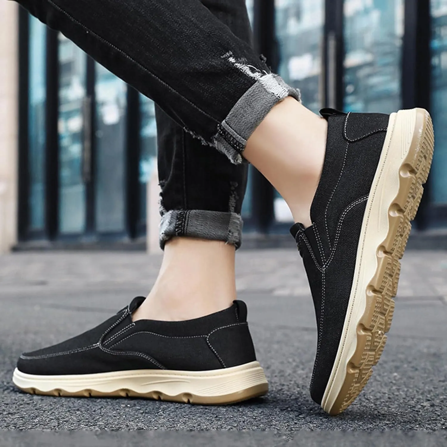 Men's Slip-On Canvas Walking Loafers,Comfortable Non Slip Orthopedic Flat Sneakers Outdoor Lightweight Casual Working Driving Boat Shoes