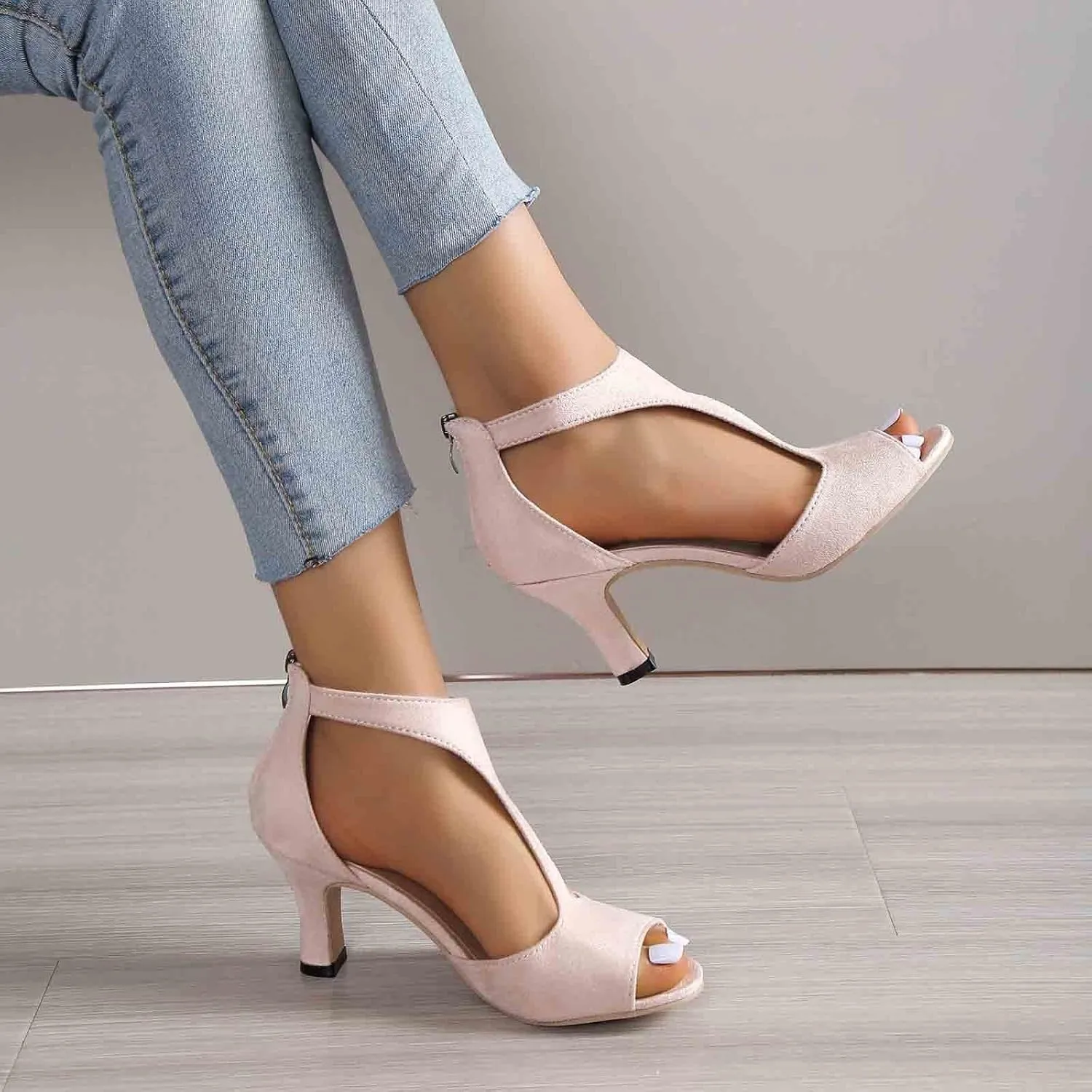 Mid Heeled Sandals for Women Summer Open Toe T Strap Pumps Sandals Black Back Zip Sandals Party Wedding Dress Shoes