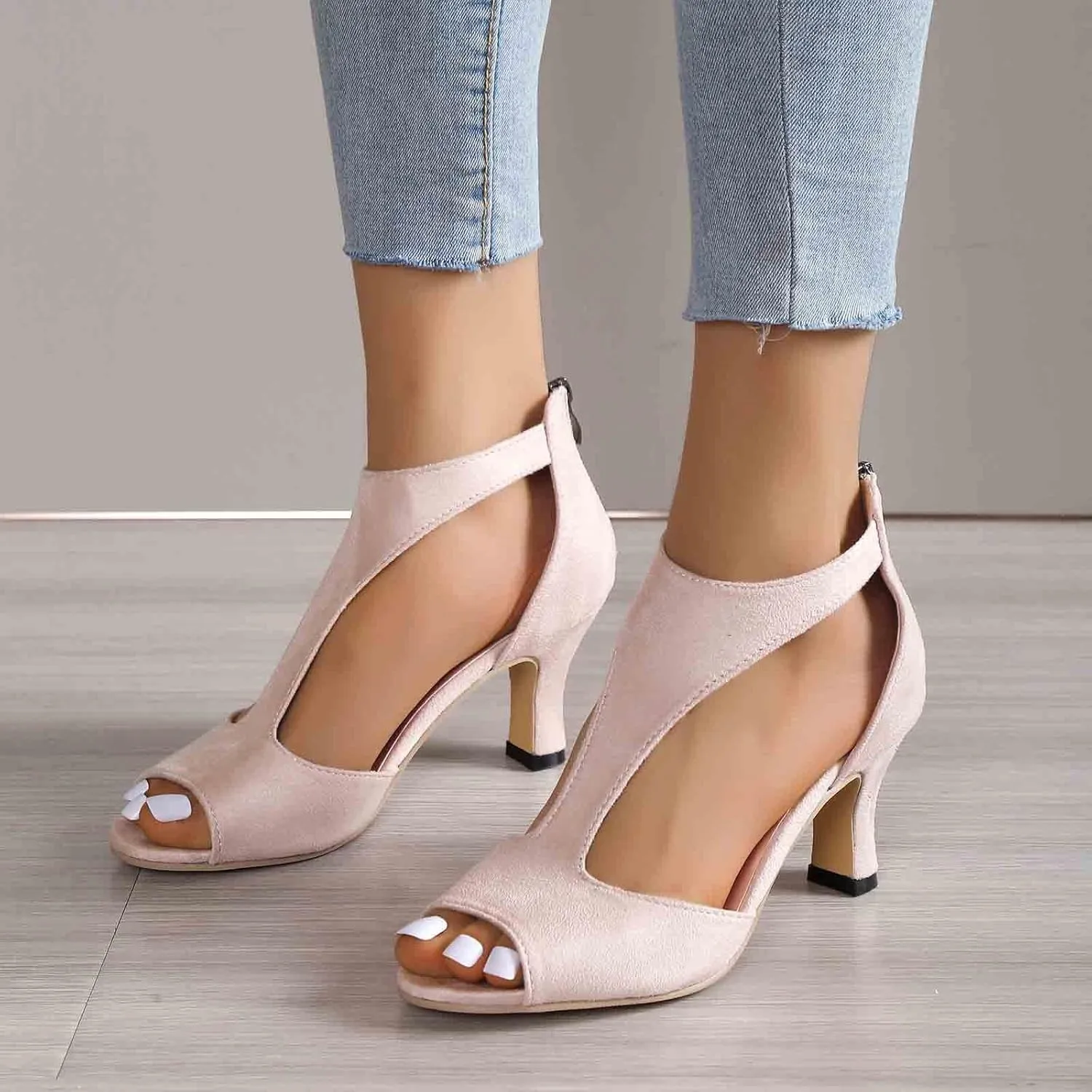 Mid Heeled Sandals for Women Summer Open Toe T Strap Pumps Sandals Black Back Zip Sandals Party Wedding Dress Shoes