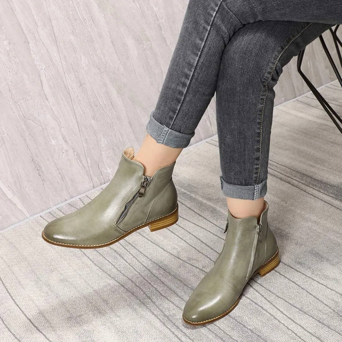 Mona flying Womens Leather Booties Ankle Boots Side Zippers Low Heel Dress Short Boots for Ladies