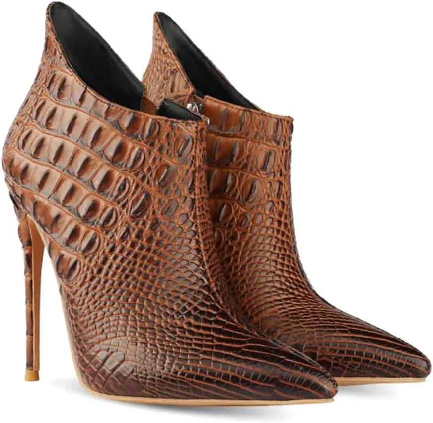MOOMMO Vintage Pointed Toe Stiletto Heels Ankle Boots for Women Animal Print Side Zip 5 Inch High Heel Leopard Crocodile Boots Zipper Snakeskin Dress Boot Suede Booties Dressy Fashion Party 4-12 M US