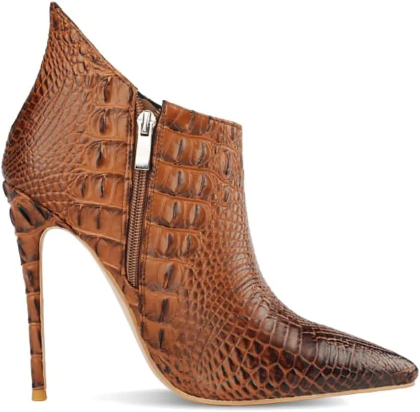 MOOMMO Vintage Pointed Toe Stiletto Heels Ankle Boots for Women Animal Print Side Zip 5 Inch High Heel Leopard Crocodile Boots Zipper Snakeskin Dress Boot Suede Booties Dressy Fashion Party 4-12 M US